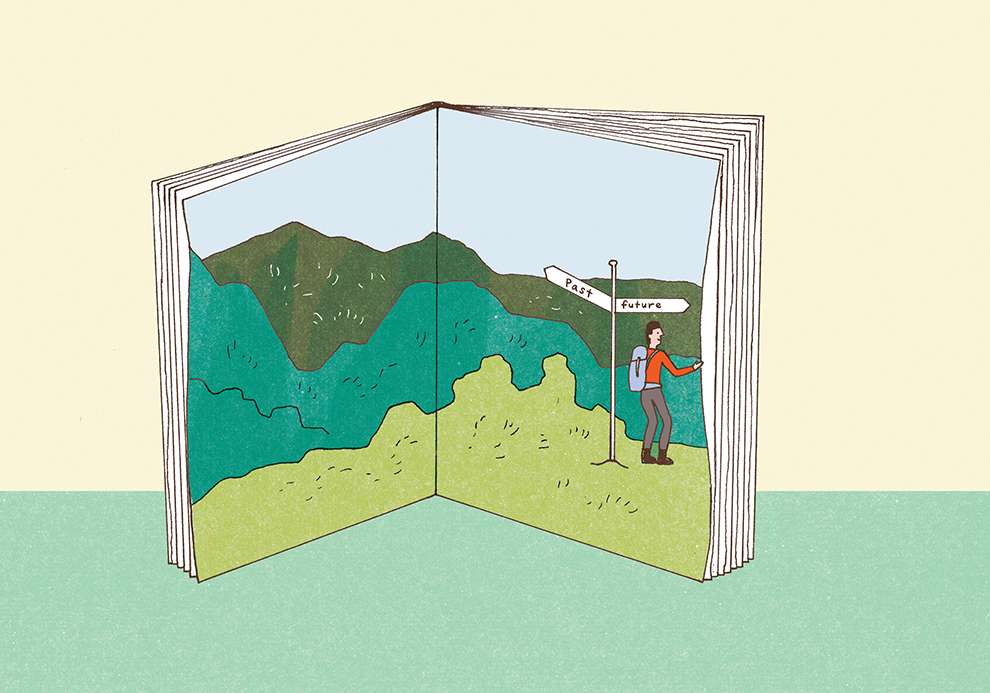 Harriet Russell, hand drawn three dimensional open book with a hiker